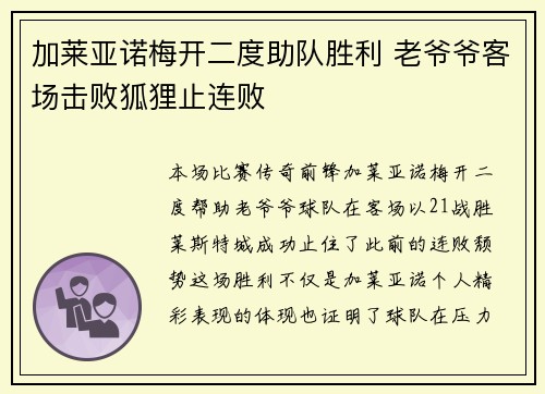 加莱亚诺梅开二度助队胜利 老爷爷客场击败狐狸止连败